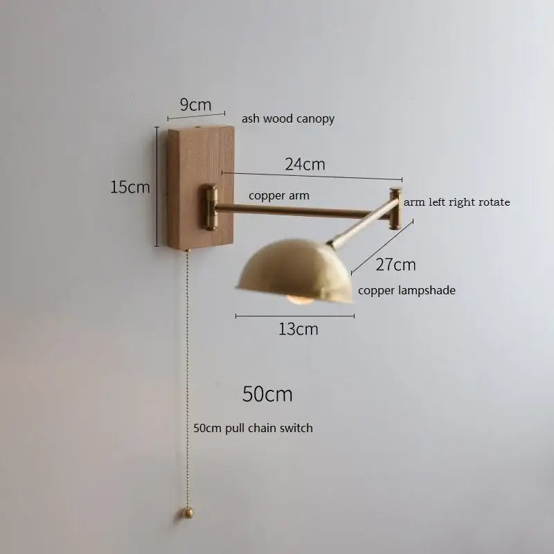 Modern brass canopy led wall light bedroom pull chain switch