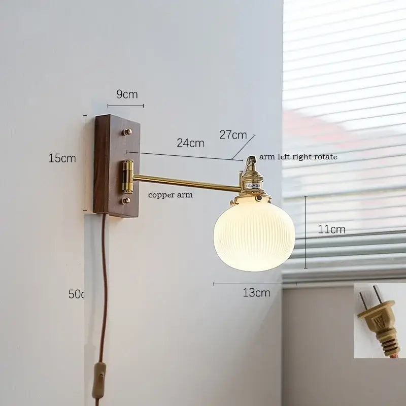 Modern brass canopy led wall light bedroom pull chain switch