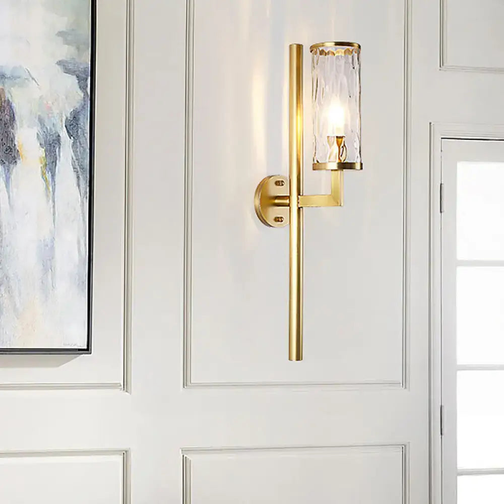 Modern brass cylinder sconce with clear water glass bedroom wall lamp
