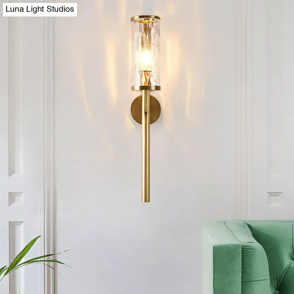 Modern brass cylinder sconce with clear water glass bedroom wall lamp