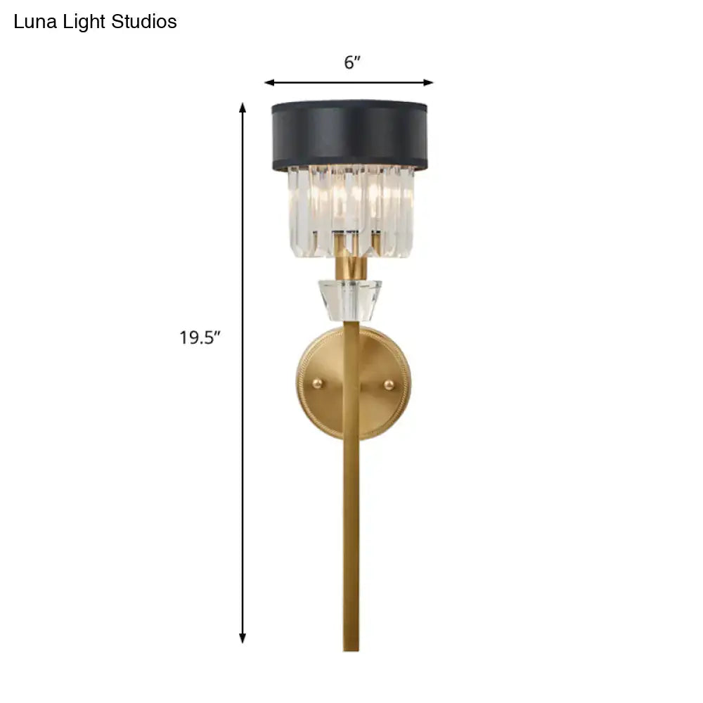 Modern brass cylinder wall sconce with fabric shade – bedroom light