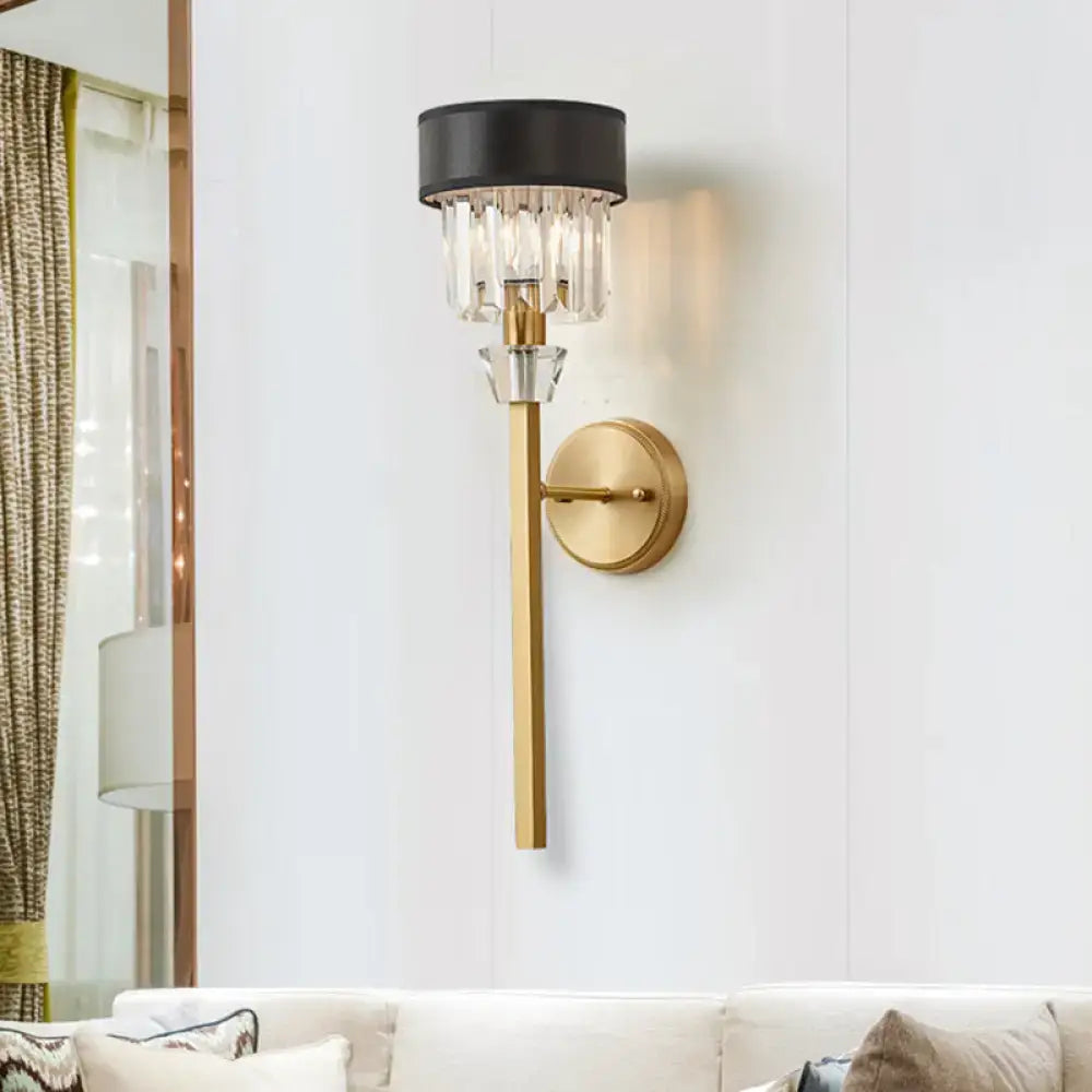 Modern brass cylinder wall sconce with fabric shade – bedroom light