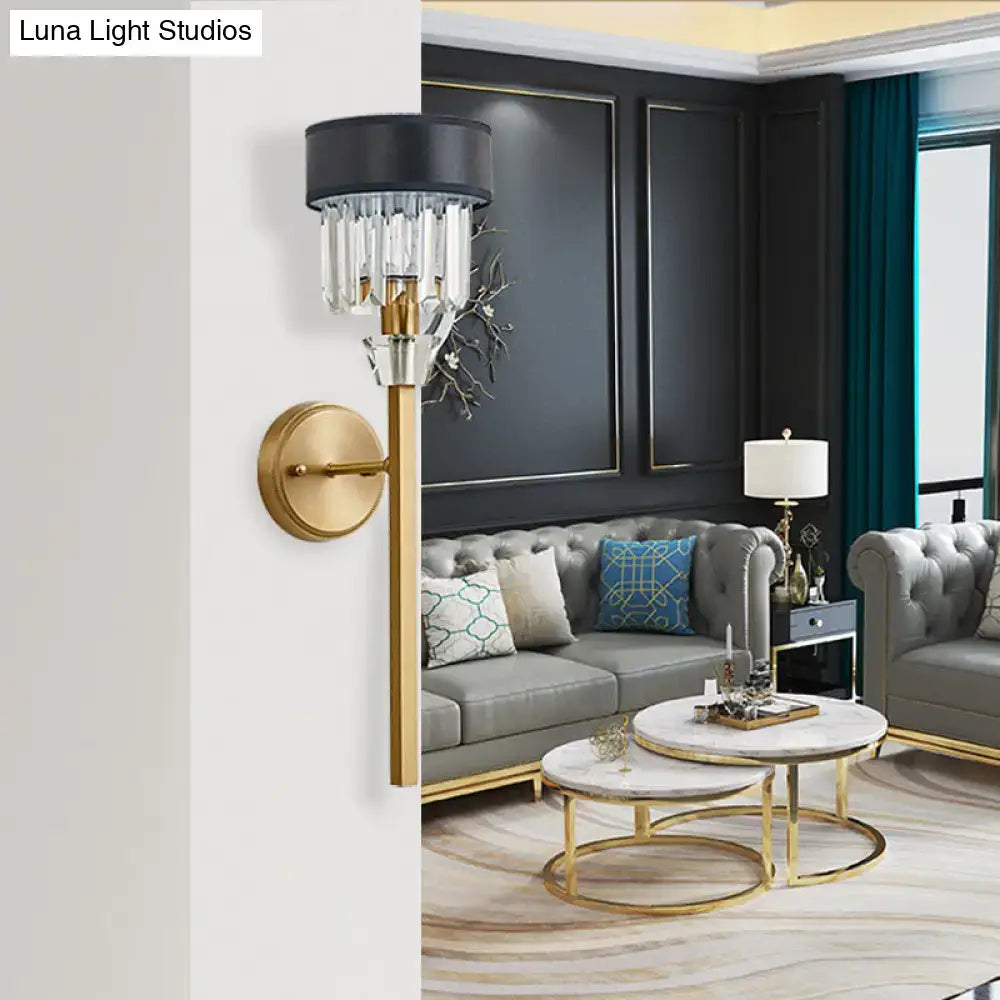 Modern brass cylinder wall sconce with fabric shade – bedroom light