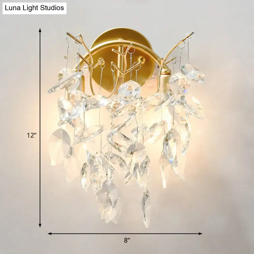 Modern brass finish crystal leaf wall light fixture bedroom sconce