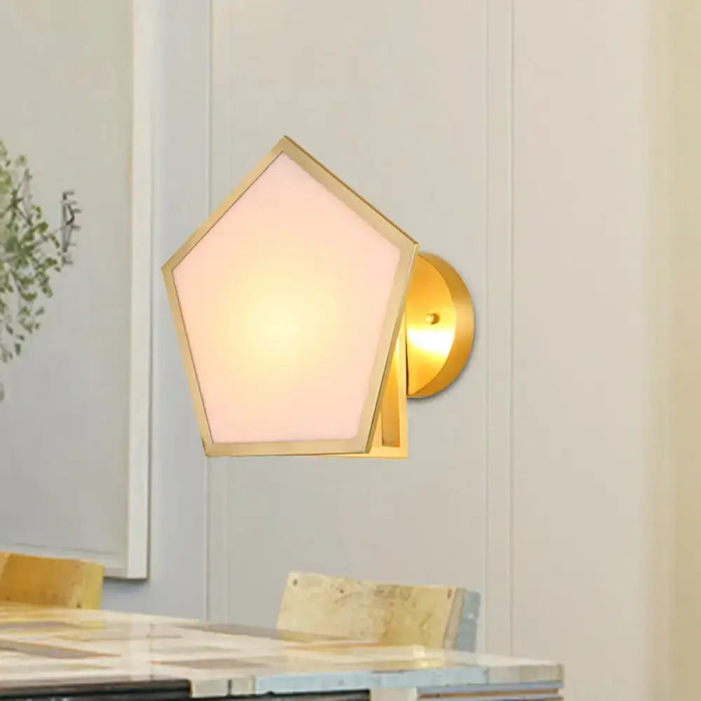 Modern brass finish pentagon wall lamp bedroom pink glass shade