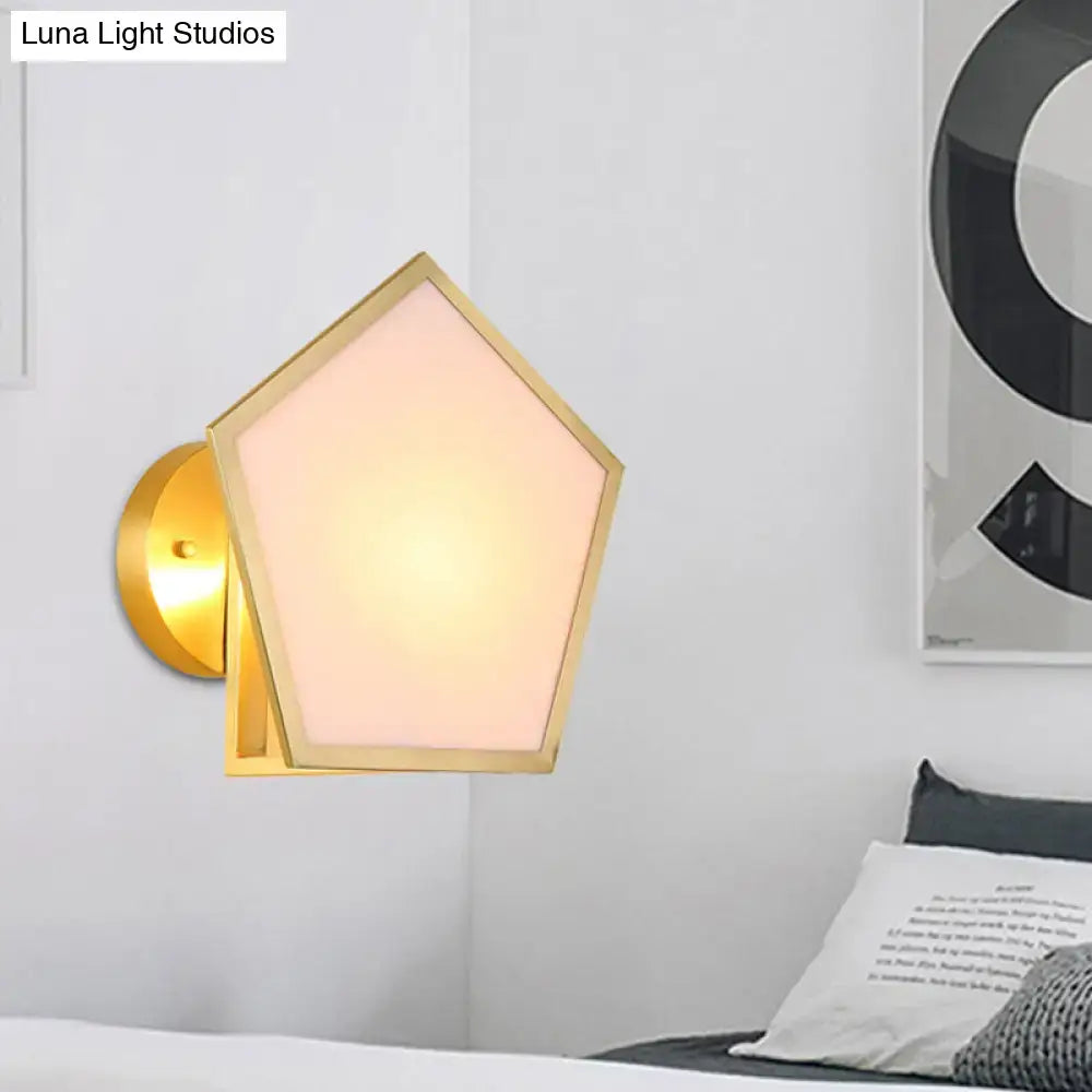 Modern brass finish pentagon wall lamp bedroom pink glass shade