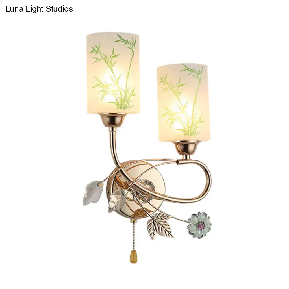 Modern brass glass shade wall lamp with pull chain bedroom sconce