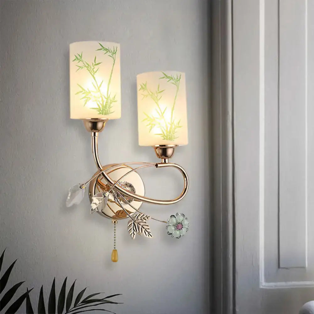Modern brass glass shade wall lamp with pull chain bedroom sconce
