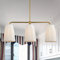 Brass-finished modern decorbites rustic pleated fabric pendant chandelier with three off-white fabric shades for dining table