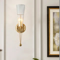 Modern brass sconce light with clear crystal translucent ribbed glass shade and gold-toned e12 e14 fixture for bedroom wall