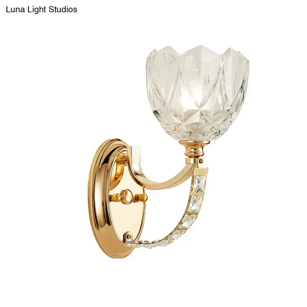 Modern brass wall sconce bedroom light with faceted clear glass shade