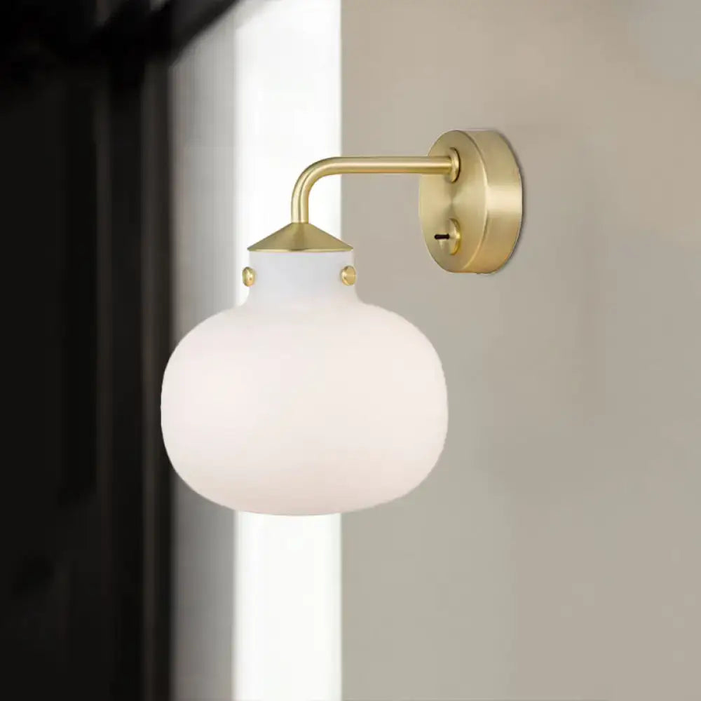 Modern brass wall sconce with oblong milk white glass shade balcony light
