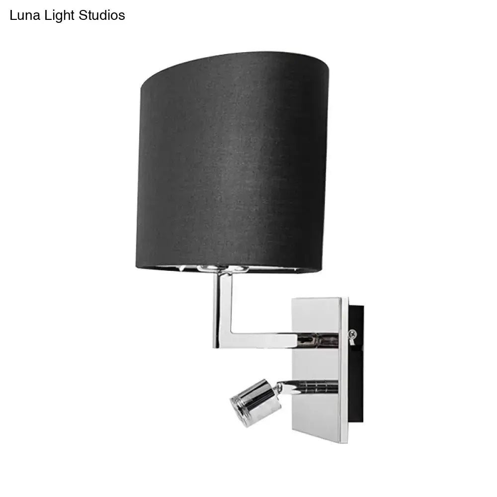 Modern black cylindrical fabric wall light with chrome adjustable spotlight for bedroom sconce lighting