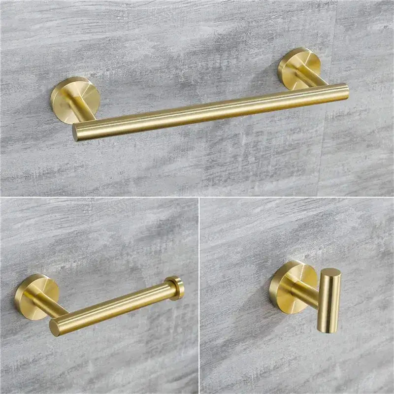 Modern brushed gold bathroom accessory set with towel rack