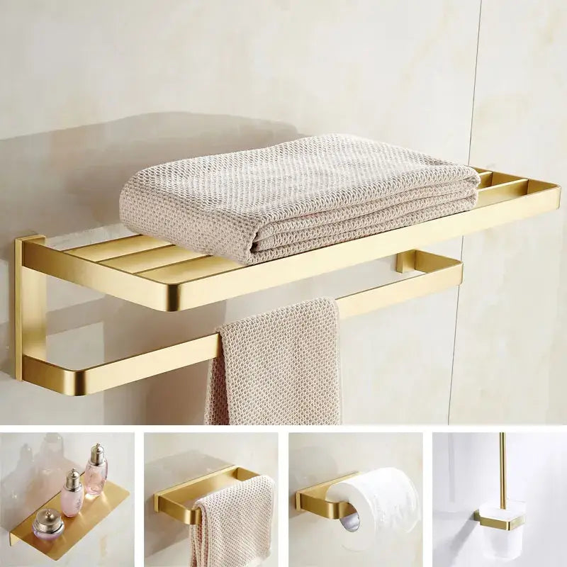Modern brushed gold bathroom hardware set with towel rack