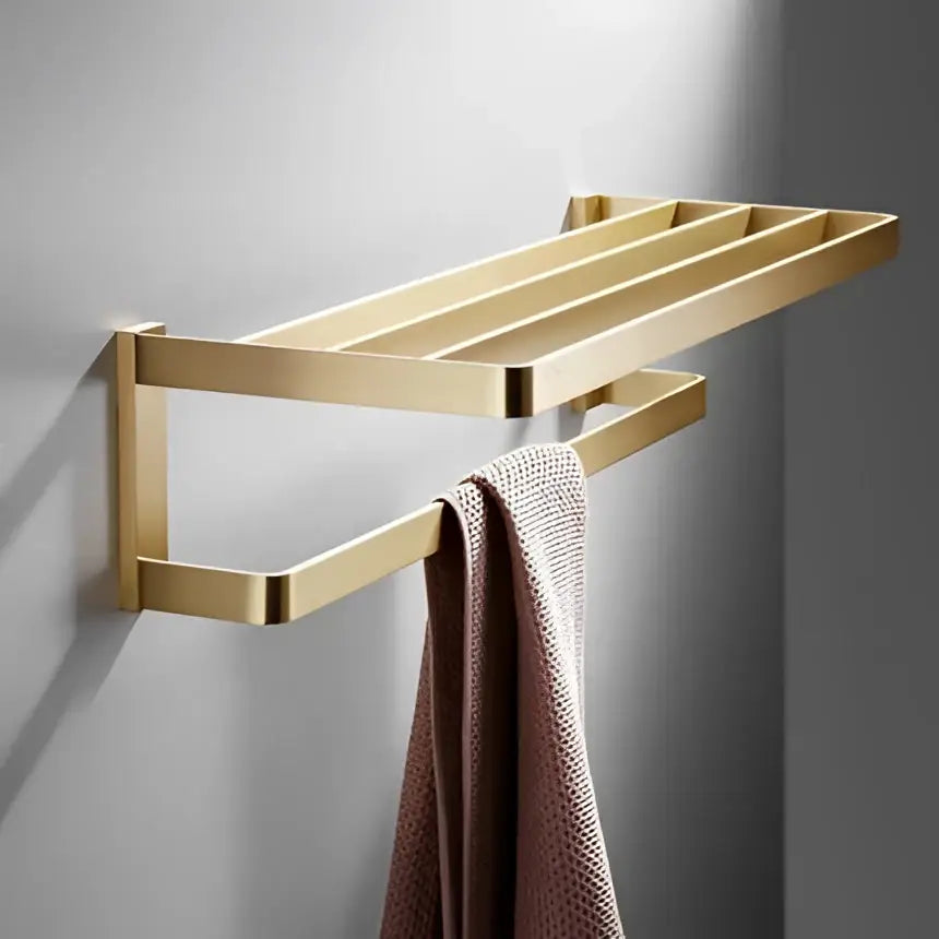 Modern brushed gold bathroom hardware set with towel rack