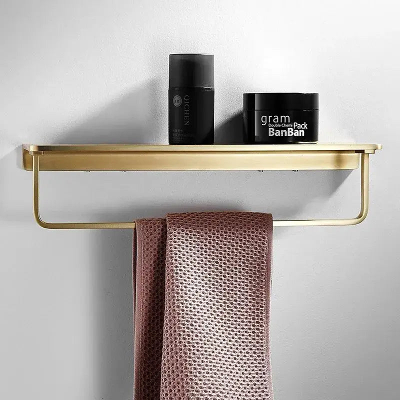 Modern brushed gold bathroom hardware set with towel rack