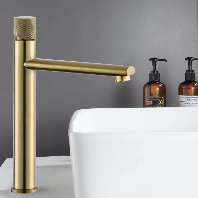 Modern brushed gold brass basin faucet with knurled bathroom sink tap
