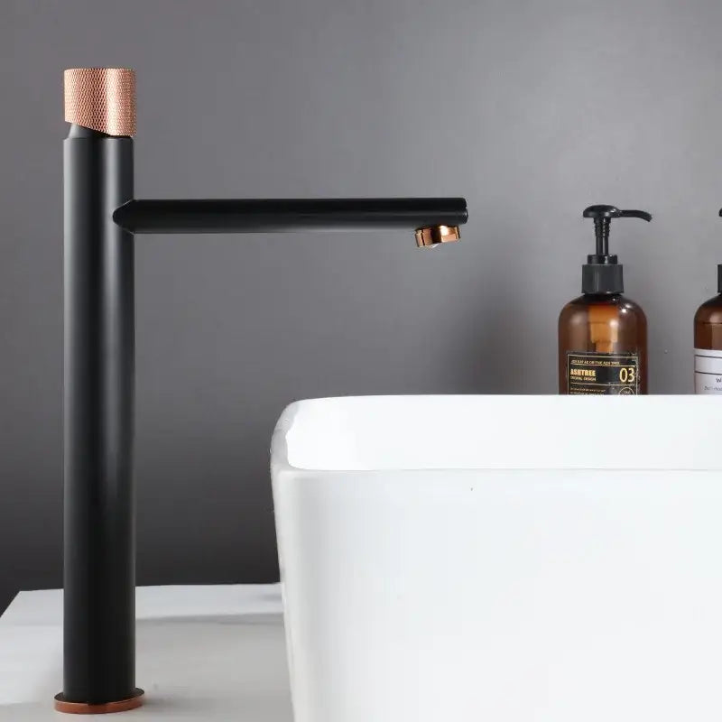 Modern brushed gold brass basin faucet with knurled bathroom sink tap