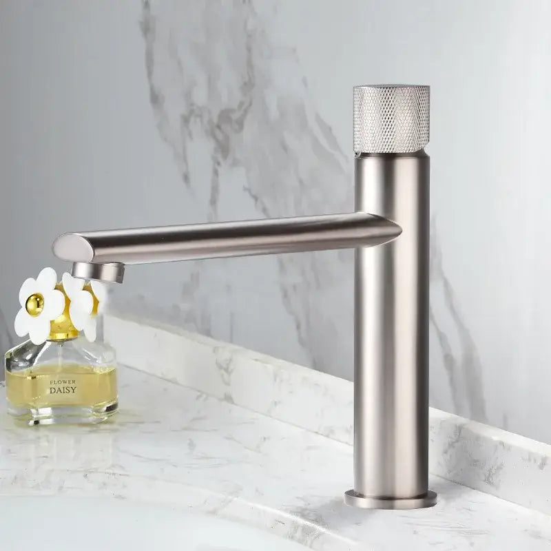 Modern brushed gold brass basin faucet with knurled bathroom sink tap
