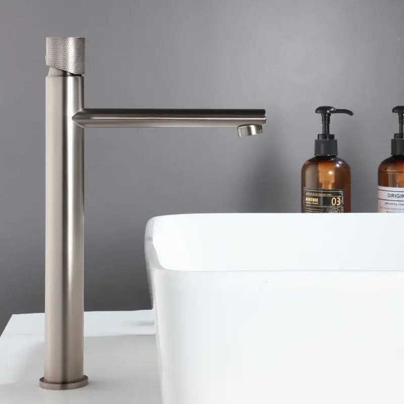 Modern brushed gold brass basin faucet with knurled bathroom sink tap