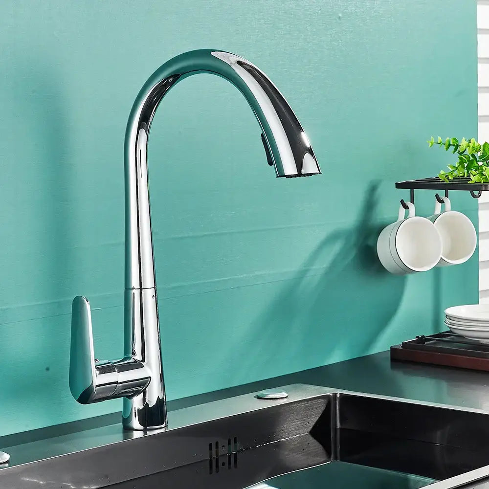 Modern brushed gold gourmet kitchen faucet with flexible pull out tap