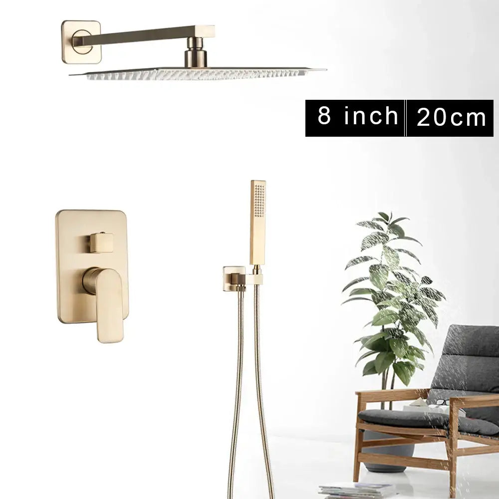 Modern brushed gold rainfall shower set bathroom wall mounted mixer