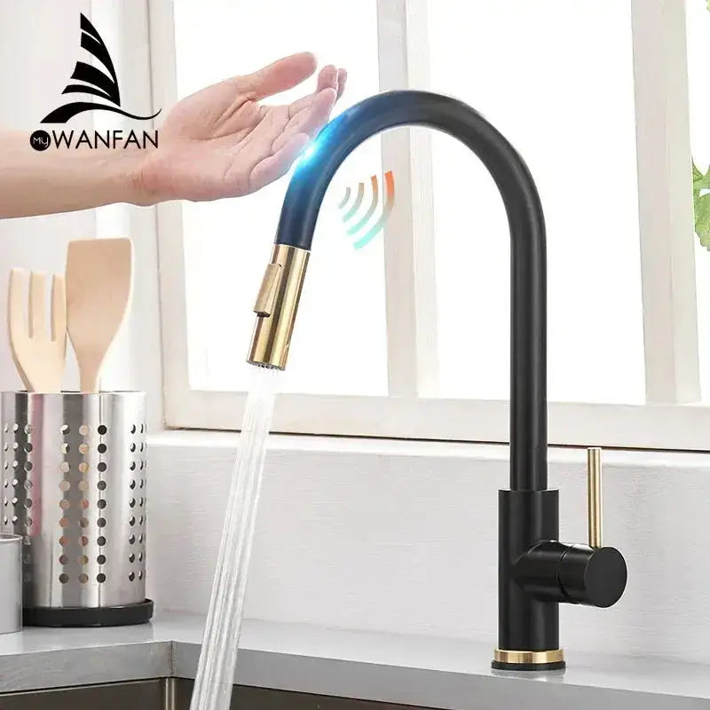 Modern brushed gold smart sensor kitchen faucet dual outlet