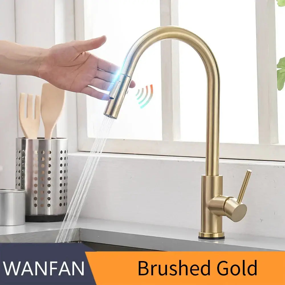 Modern brushed gold smart sensor kitchen faucet dual outlet