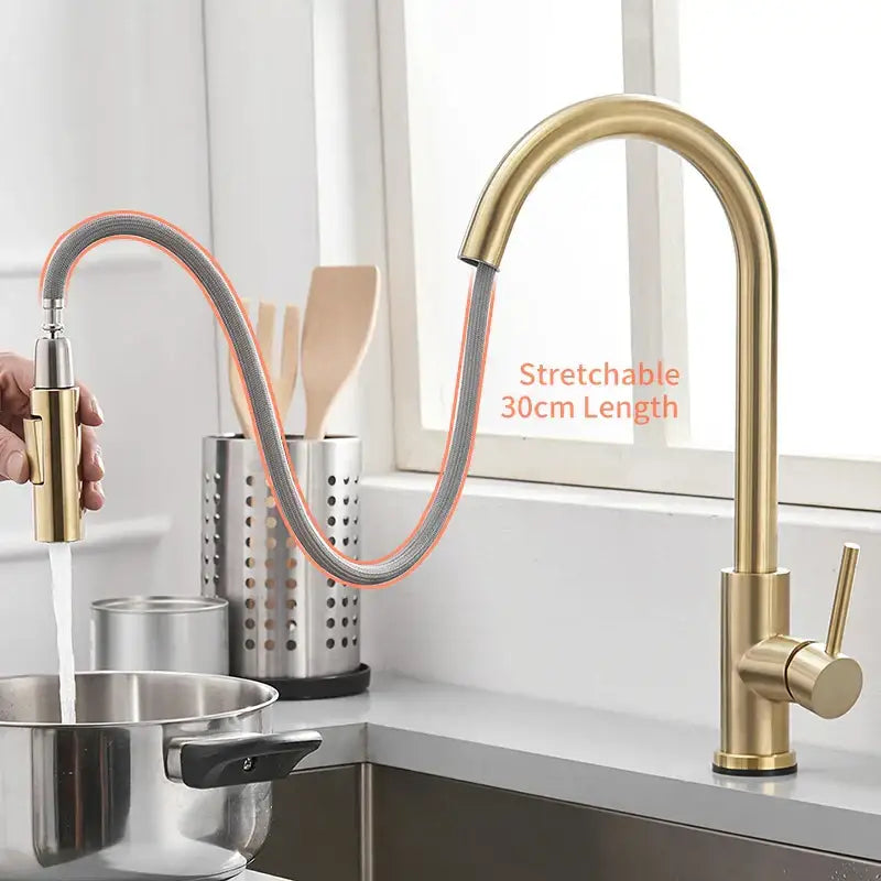 Modern brushed gold smart sensor kitchen faucet dual outlet