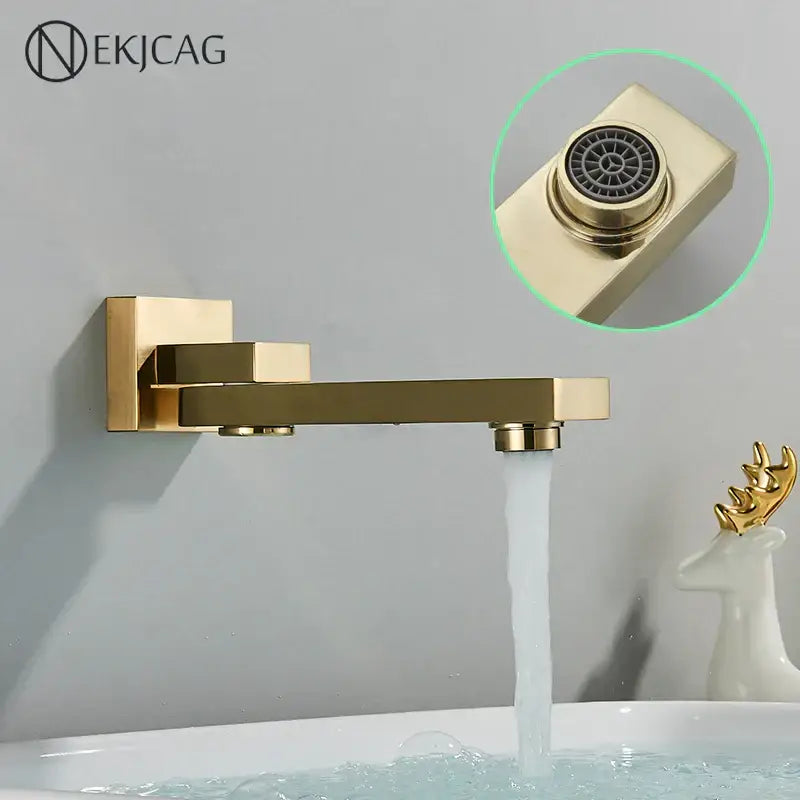 Modern brushed gold wall mounted basin faucet bathroom mixer rotating spout