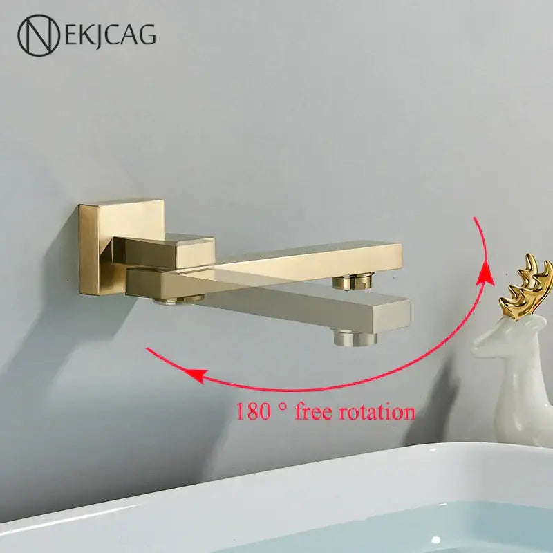 Modern brushed gold wall mounted basin faucet bathroom mixer rotating spout