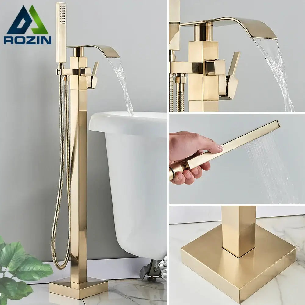 Modern brushed gold waterfall tub faucet with handheld shower bathroom