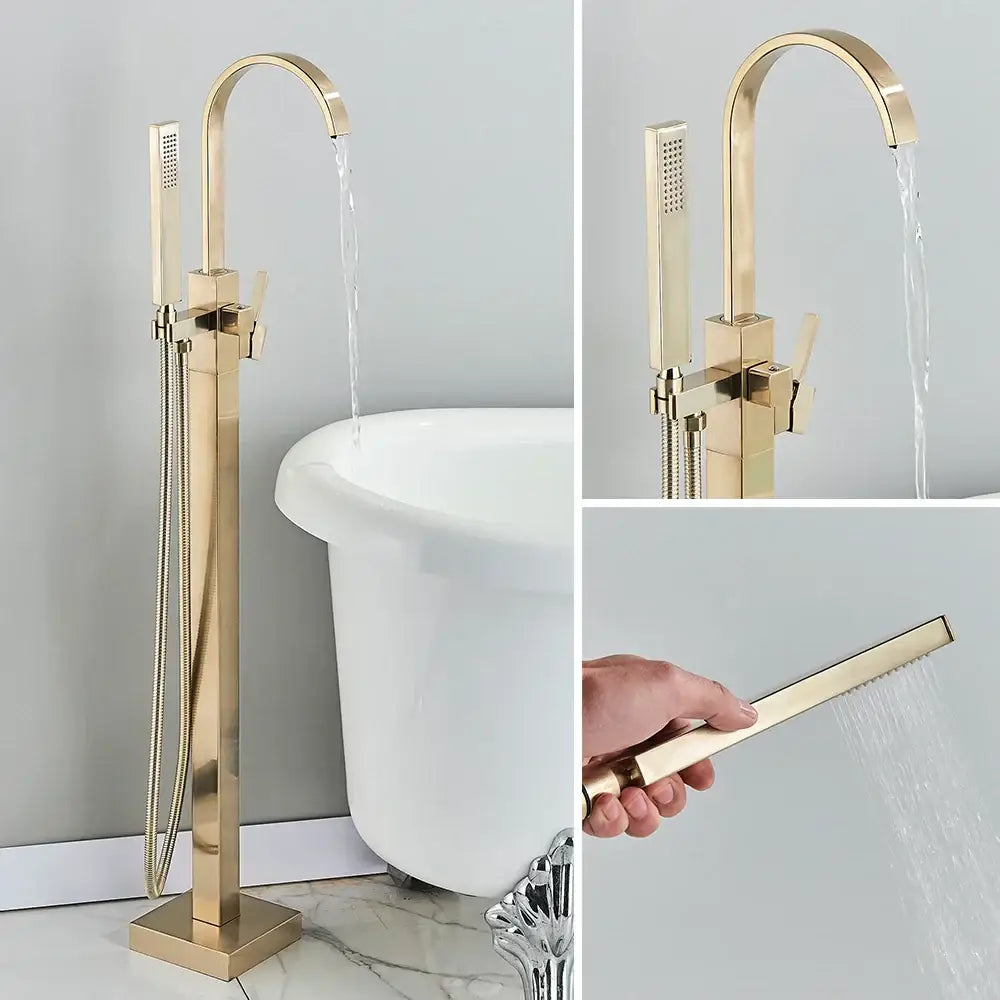 Modern brushed gold waterfall tub faucet with handheld shower bathroom