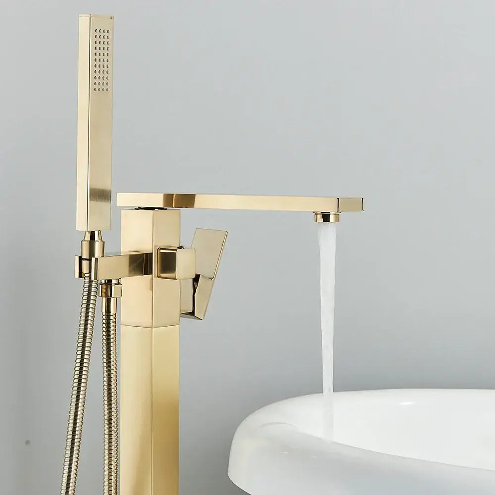 Modern brushed gold waterfall tub faucet with handheld shower bathroom