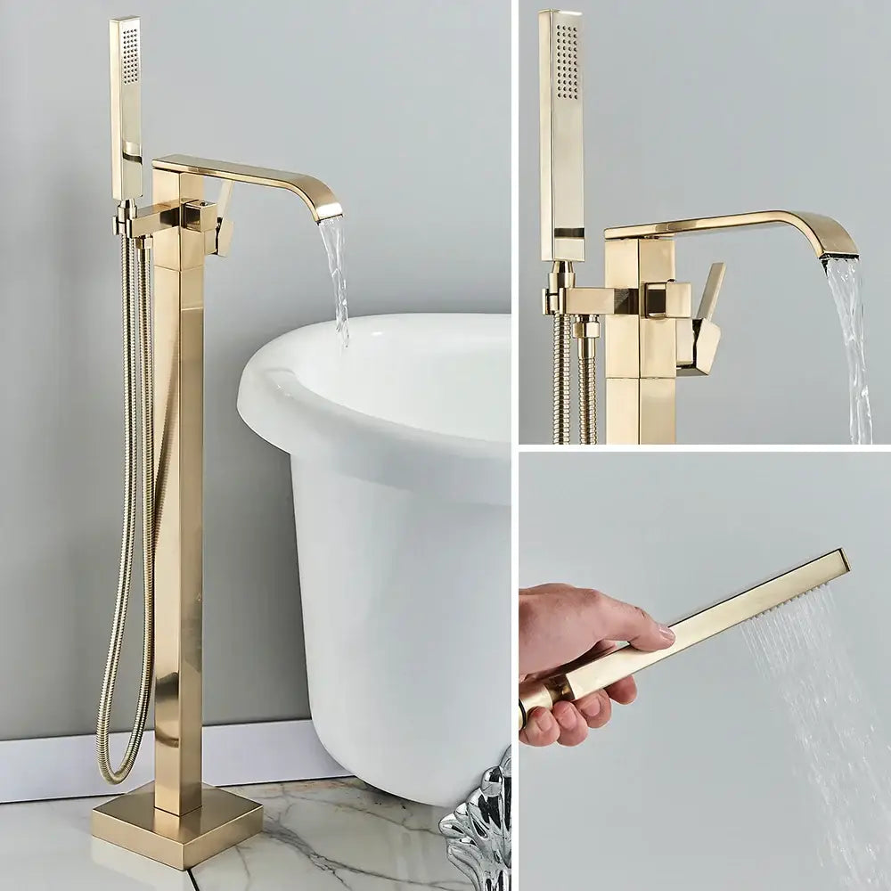 Modern brushed gold waterfall tub faucet with handheld shower bathroom