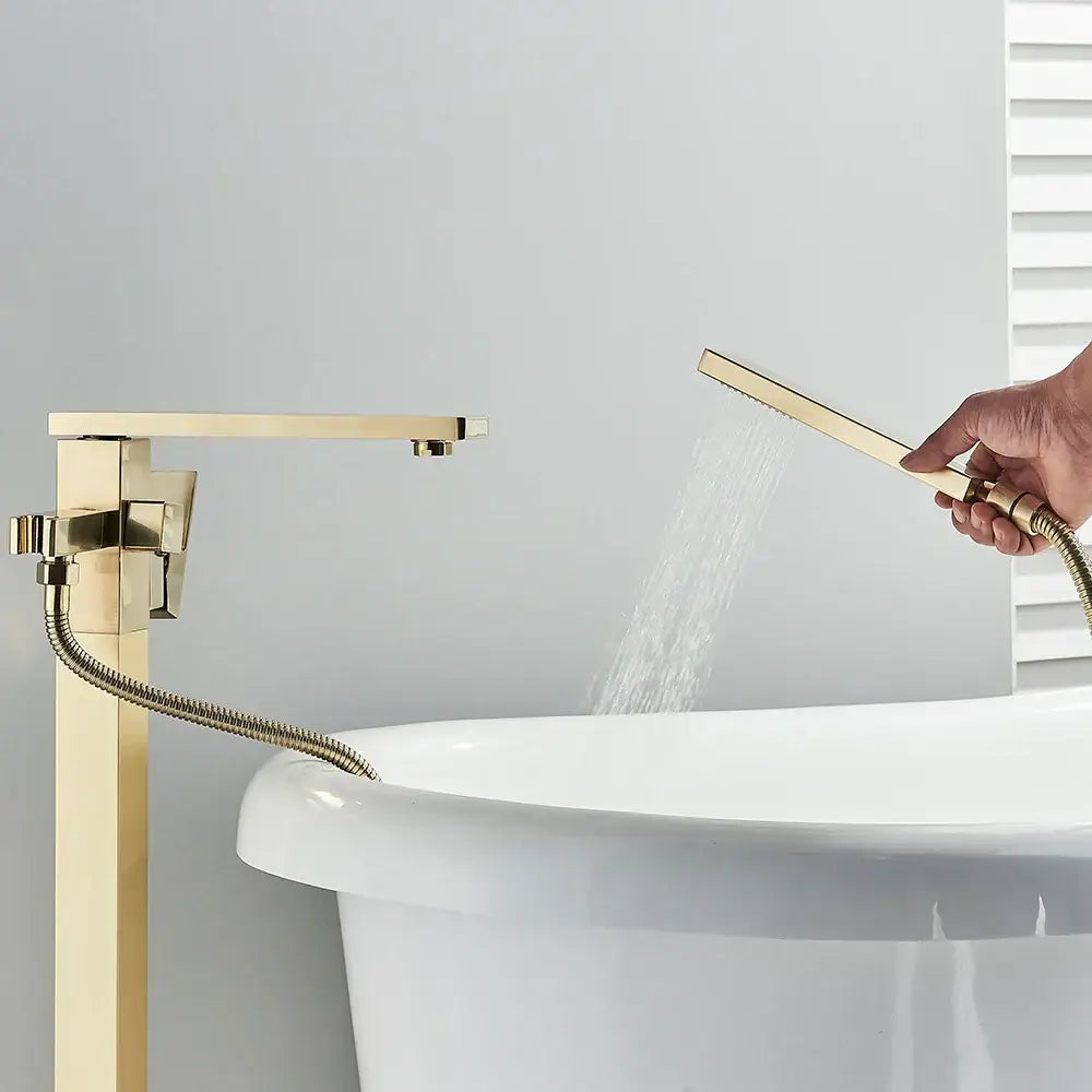 Modern brushed gold waterfall tub faucet with handheld shower bathroom