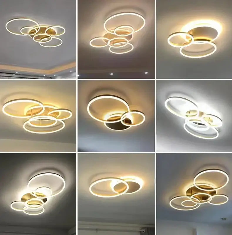 ثريا سقف LED حديثة ذهبية مصقولة بتصميم حلقات لغرفة المعيشة