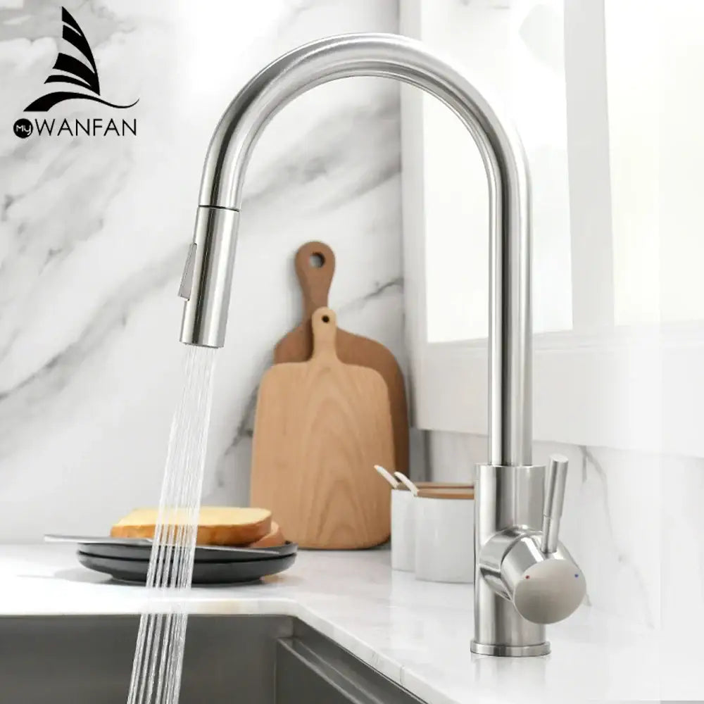 Modern brushed nickel pull out kitchen faucet