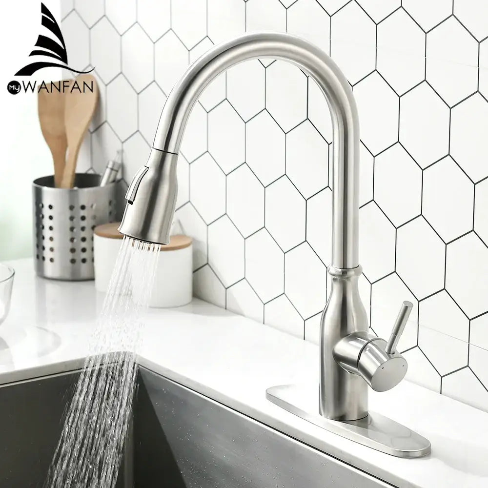 Modern brushed nickel pull out kitchen faucet