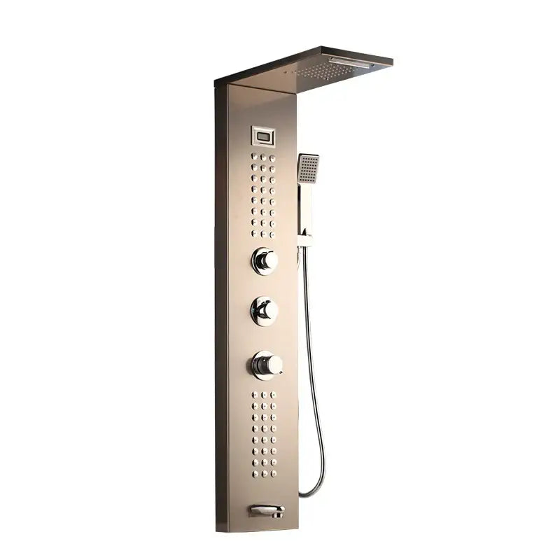 Modern brushed nickel shower column with tub spout bathroom system