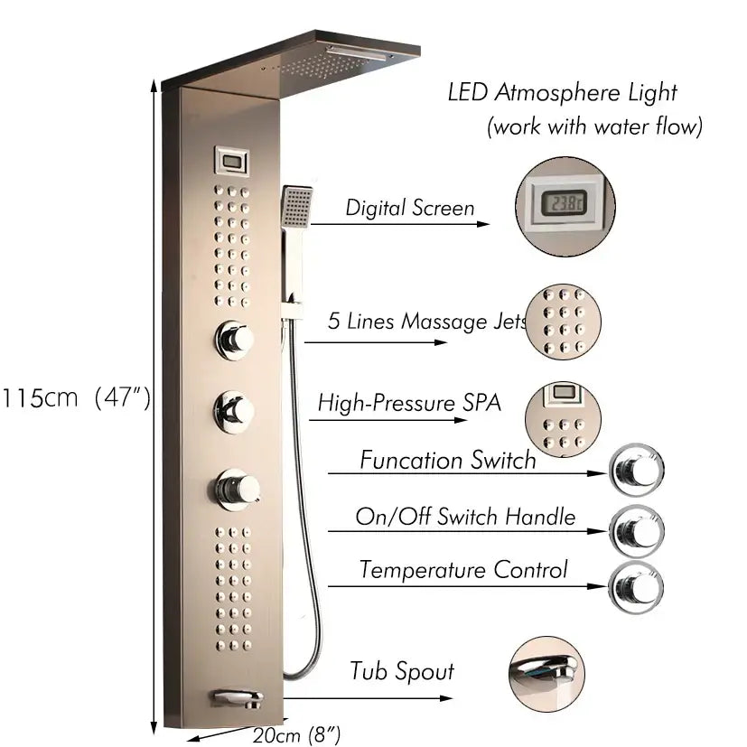 Modern brushed nickel shower column with tub spout bathroom system