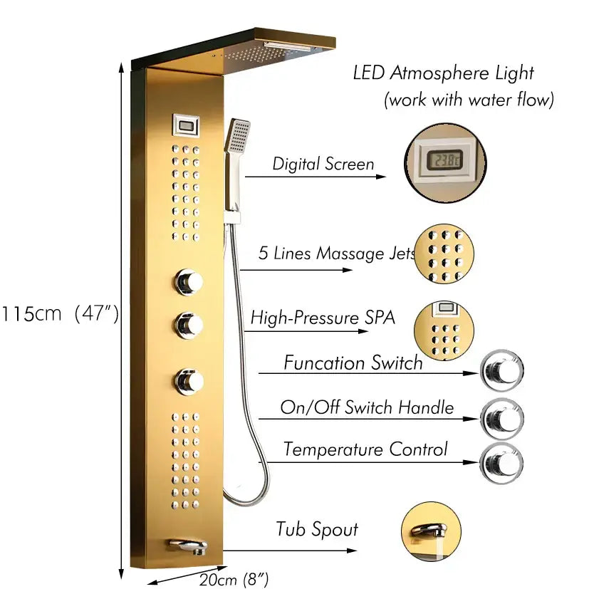 Modern brushed nickel shower column with tub spout bathroom system
