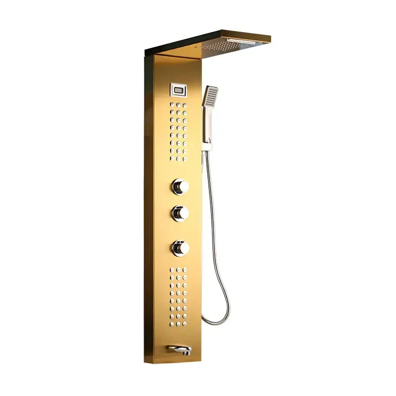 Modern brushed nickel shower column with tub spout bathroom system