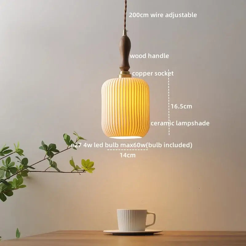 Modern ceramic led pendant light off-white and wood dining room