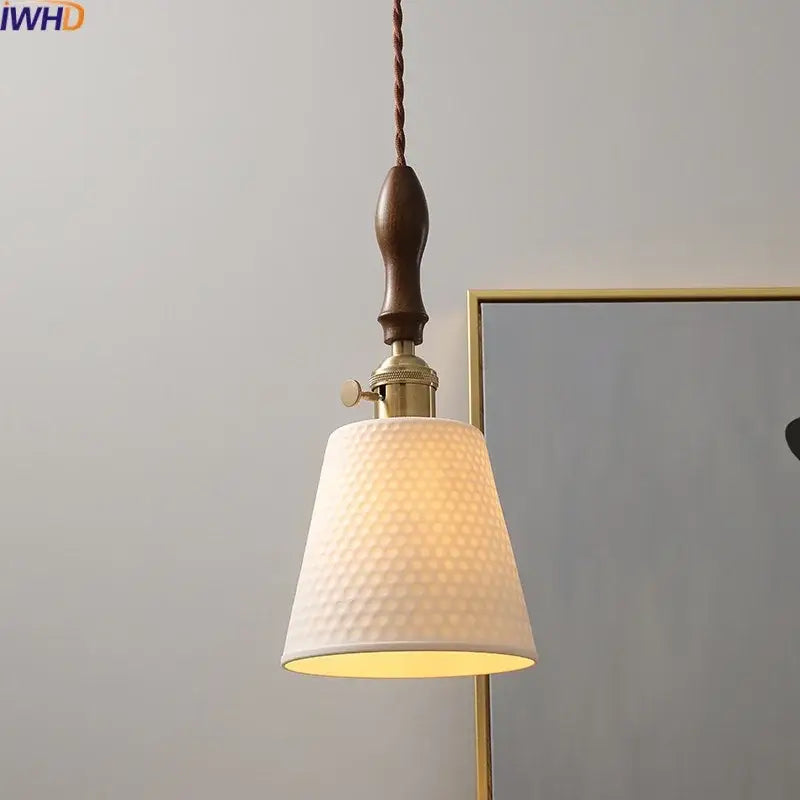 Modern ceramic led pendant light off-white and wood dining room