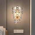Modern champagne hexagon crystal wall sconce with clear faceted crystals in a metallic frame for e12 led incandescent fluorescent bulbs