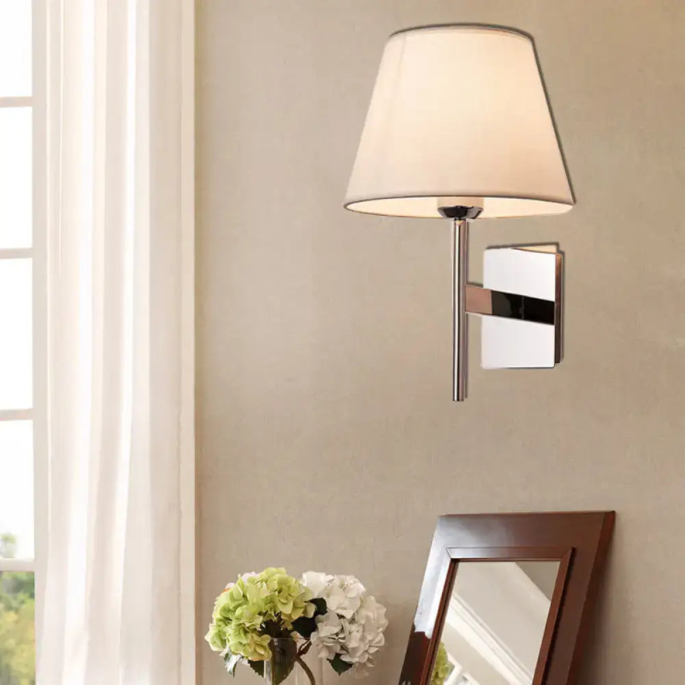Modern chrome and beige fabric cone wall light bedroom sconce