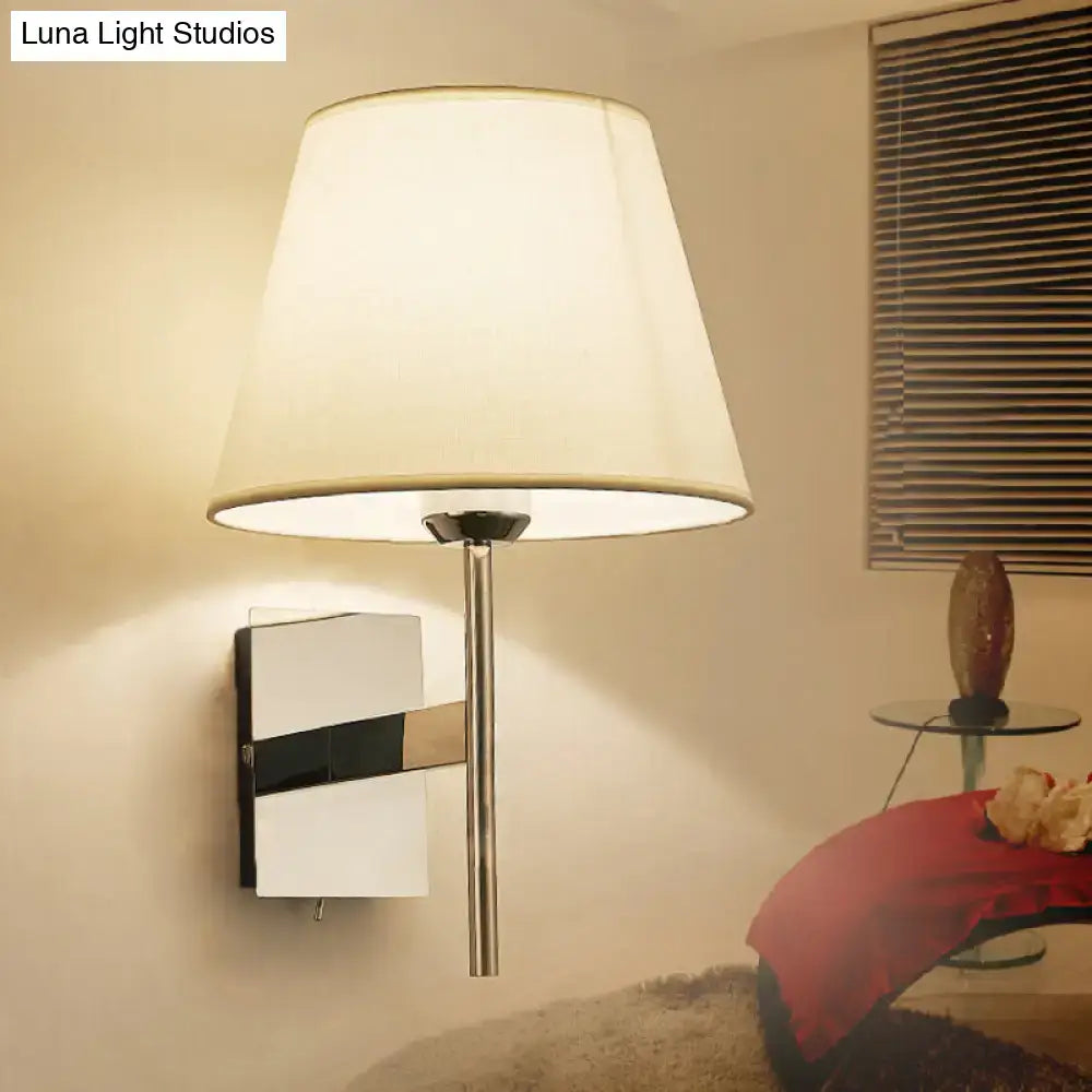 Modern chrome and beige fabric cone wall light bedroom sconce