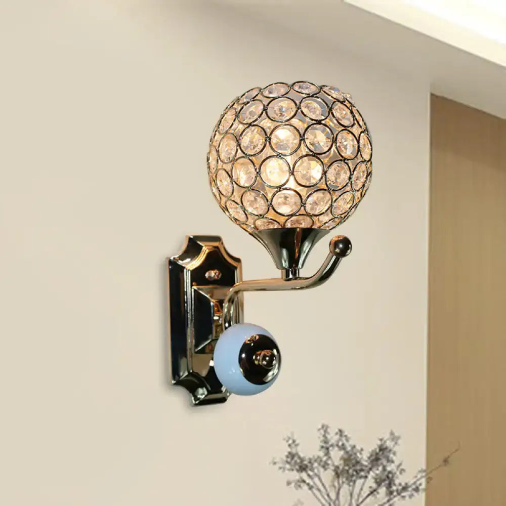Modern chrome and light blue crystal globe sconce bedroom wall light
